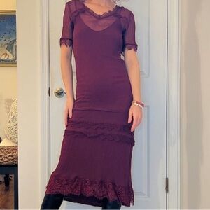 Sundance Burgandy Lace Trim Midi Dress Size 10